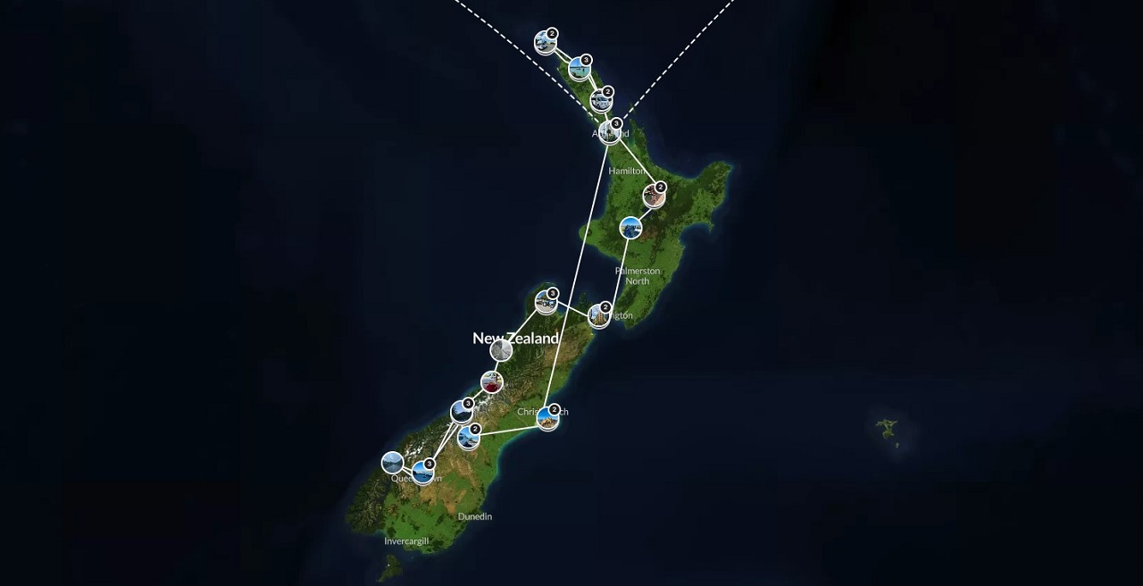 itinéraire 4 semaines nouvelle zélande sur une carte
